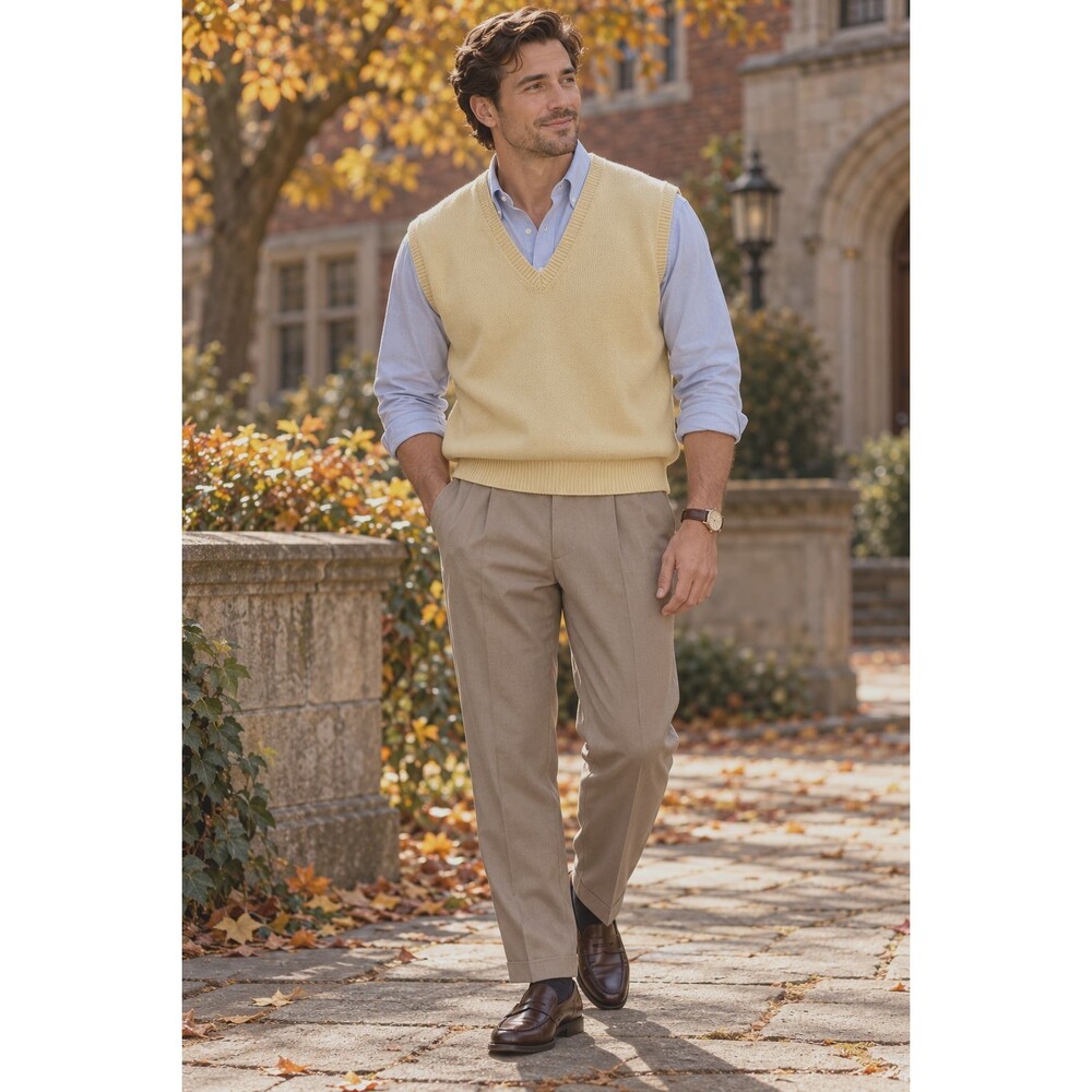 Vintage Lands' End V-Neck Cotton Sweater Vest Mens L Butter Yellow Made in USA